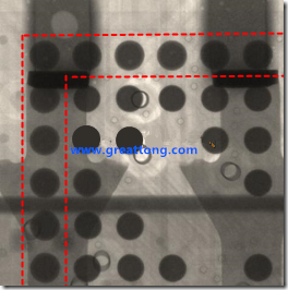 BGA錫球尺寸小于0.4mm，采用降低BGA內圍襲球的錫膏量所得到X-Ray，稍微留意一下可以發(fā)現(xiàn)最外圈的錫量(圓的直徑)比其他內圍的錫球上的錫量來得多一點點。也就是外圈的黑色圓形直徑比內圈的圓形來得大一點點。