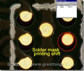電路板BGA下面的防焊層印刷偏移，造成焊墊大小不一致。