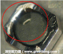 使用錫(Sn)鍍層的電源電感器(Power Inductors)，經(jīng)過(guò)推力測(cè)試后，其焊點(diǎn)還保留在零件的端點(diǎn)上，所以推力比較高。