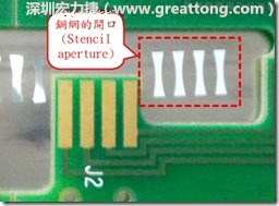 這個(gè)HotBar(熱壓熔錫焊接)吃錫的設(shè)計(jì)已經(jīng)對(duì)了一半，在印刷錫膏的時(shí)候在焊墊的中間位置減少錫膏，如果治具的設(shè)定正確的話，熱壓頭(thermode)要壓在焊墊中間的位置，焊錫的印出來結(jié)果如下面右圖所示。