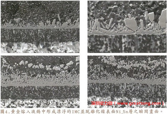 下面四張圖片為放大4500倍的SEM圖像，說(shuō)明在回流焊爐熱量不足的情況下，黃金成份正要從鎳層分離融入焊錫之中的瞬間，當(dāng)零件遭受外力沖擊的時(shí)候就極有可能從這一整排AuSn、、AuSn2或AuSn4的IMC處裂開(kāi)。