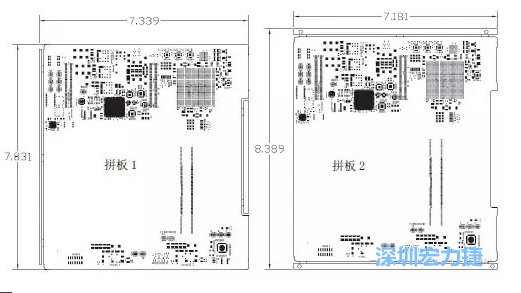 如圖11所示在兩種拼板中PCB單元的邊條位置不同，拼板1中邊條在長邊方向，而拼板2中邊條在短邊方向-深圳宏力捷