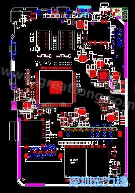 上圖是一個開發(fā)板的PCB，從布局中可以看出各個接口電路分離很明確，SDRAM和DDR以及SD卡接口電路等走線不會造成相互的干擾。-深圳宏力捷