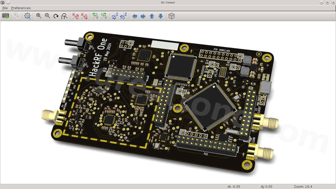 經(jīng)KiCad軟體3D功能渲染過的HackRF One電路板。