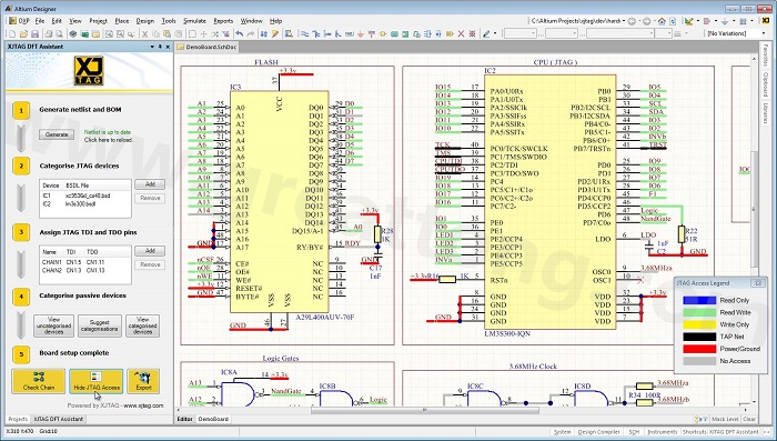 XJTAG DFT Assistant的Access Viewer模式可以清楚地顯示可用的測試存取層級，讓電路板設計人員在展開PCB布局以前的原理圖擷取階段盡可能地提高測試存取能力