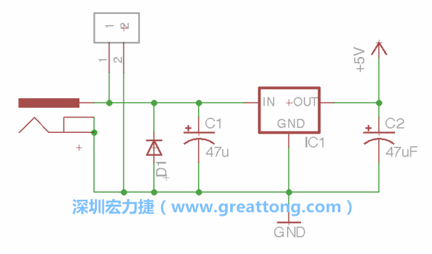 2.5.    新增一個二極體，它會以水平的狀態(tài)出現(xiàn)在屏幕上，請使用「旋轉(zhuǎn)（Rotate）」工具把它負極那一面朝上，并且用「網(wǎng)絡連接」工具將它連接在電壓調(diào)整器的輸入端和接地端之間。