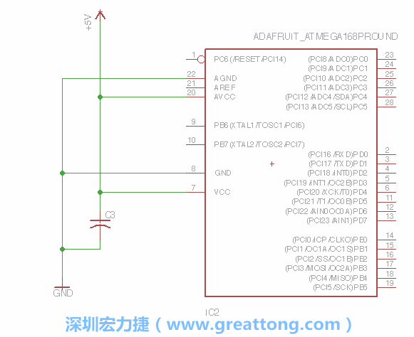 3.1.    新增微控制器晶片（RBBB → ATmega），把它放在電路原理圖的中央附近，把它的兩個(gè)接地接頭連接到接地訊號(hào)端。