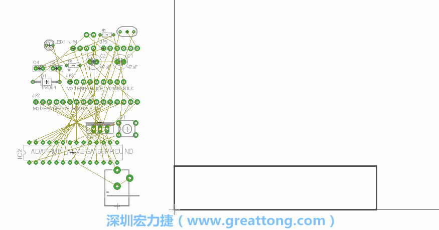 第一次執(zhí)行布線編輯器時(shí)，你會(huì)發(fā)現(xiàn)有兩個(gè)區(qū)塊，左邊的區(qū)塊非?；靵y，而右邊的區(qū)塊則是一個(gè)長(zhǎng)方形的工作區(qū)域，EAGLE免費(fèi)版會(huì)限制你的工作區(qū)域在4” x 3.2”的范圍內(nèi)，如果你試圖將元件擺放在工作區(qū)外的話，就會(huì)跳出警示訊息。