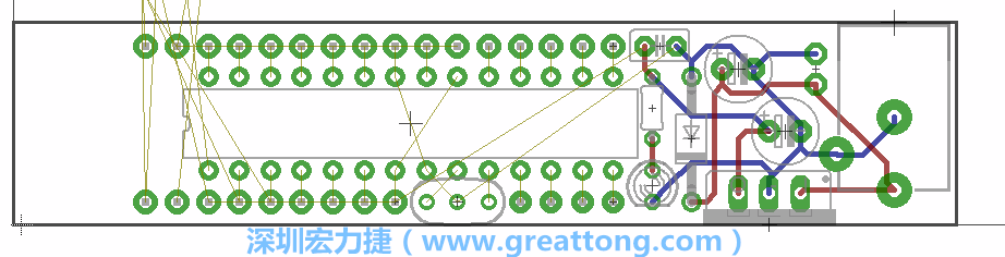 將ATmega微控制器、三個(gè)GPIO排針（JP2, JP3, JP4）和諧振器（resonator）排置如上圖所示。