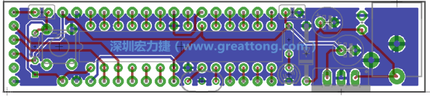 第二篇文章則帶領(lǐng)你進(jìn)行電路板上的布線、連結(jié)點(diǎn)的配置，并利用「設(shè)計(jì)規(guī)則檢查（Design Rule Check）」測試你的設(shè)計(jì)，第二篇文章的電路板設(shè)計(jì)圖將如下所示：