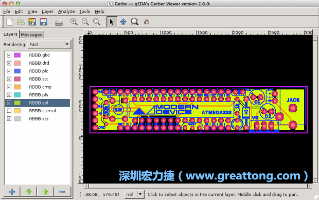 將圖層匯入你的Gerber預(yù)覽工具內(nèi)（下圖為Gerbv），我通常會從上到下重新排列它們的順序，好讓我比較好校對：