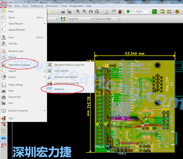 在Kicad的PCB Editor, 點(diǎn)選 File->Fabrication Outputs->BOM File, 即可產(chǎn)生一個 .csv 的Excel 檔案。