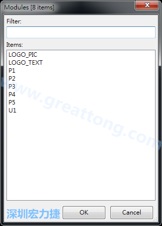 從目前正在編輯的PCB載入Module， 會(huì)顯示有那些項(xiàng)目可載入。點(diǎn)選一個(gè)， OK后即完成載入