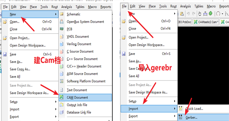 在File下新建 Cam檔，建后再File下導(dǎo)入Gerber文件，選擇所有文件導(dǎo)入gerber。