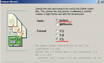 在上圖中選擇“Inches 2：5”，以確保資料精度，反之線寬、線距或孔有偏移現(xiàn)象